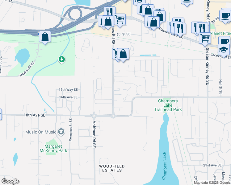 map of restaurants, bars, coffee shops, grocery stores, and more near 1617 Fones Road Southeast in Olympia