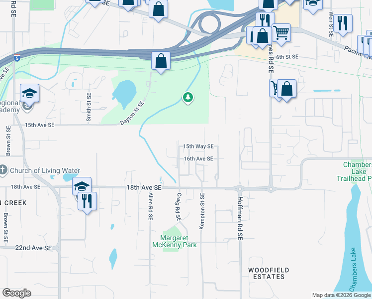 map of restaurants, bars, coffee shops, grocery stores, and more near 1541 Amethyst Street Southeast in Olympia