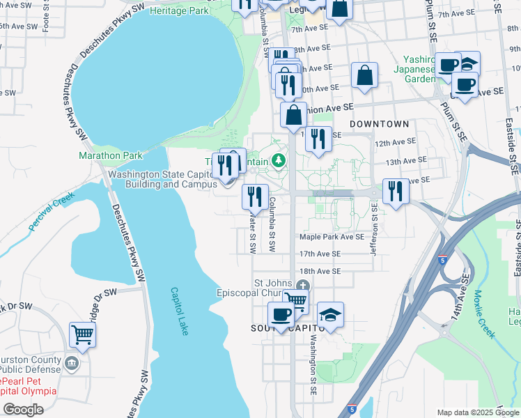 map of restaurants, bars, coffee shops, grocery stores, and more near 200-298 Sid Snyder Avenue Southwest in Olympia