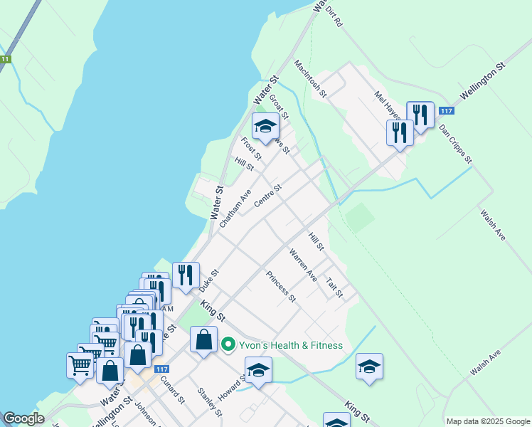 map of restaurants, bars, coffee shops, grocery stores, and more near 259 Duke Street in Miramichi