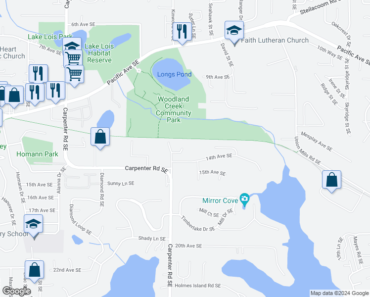 map of restaurants, bars, coffee shops, grocery stores, and more near 1308 Mills Landing Court Southeast in Olympia