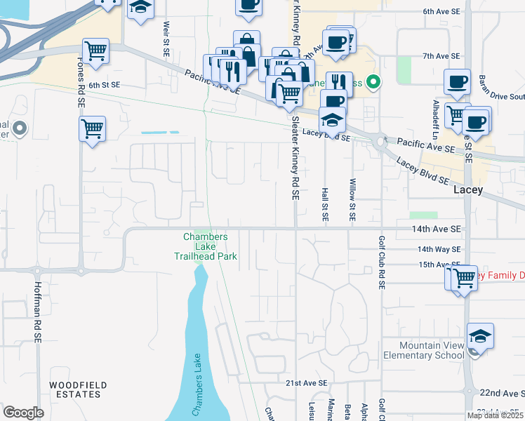 map of restaurants, bars, coffee shops, grocery stores, and more near 3800 14th Avenue Southeast in Lacey
