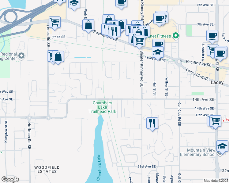 map of restaurants, bars, coffee shops, grocery stores, and more near 3800 14th Avenue Southeast in Lacey