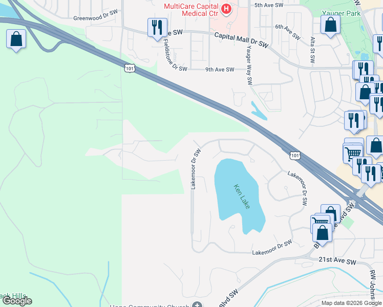 map of restaurants, bars, coffee shops, grocery stores, and more near 1433 Compton Court Southwest in Olympia
