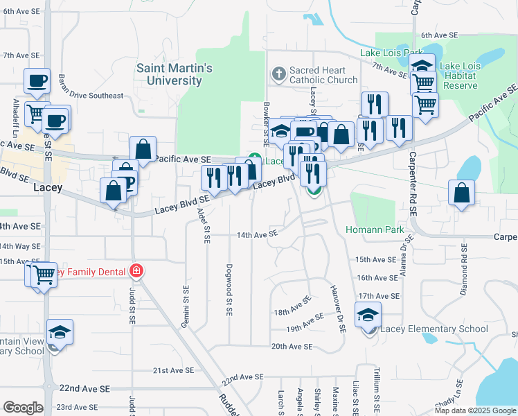 map of restaurants, bars, coffee shops, grocery stores, and more near 5709 Lacey Boulevard Southeast in Lacey