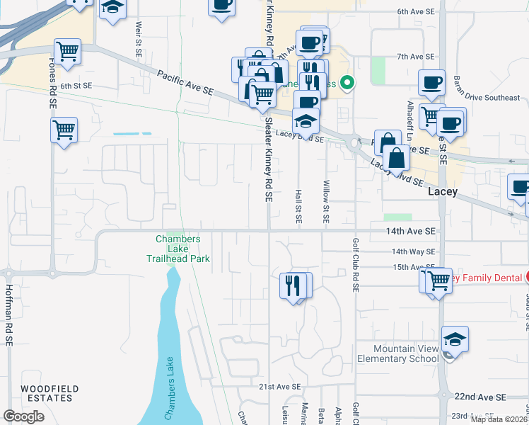 map of restaurants, bars, coffee shops, grocery stores, and more near 1309 Sleater Kinney Road Southeast in Lacey