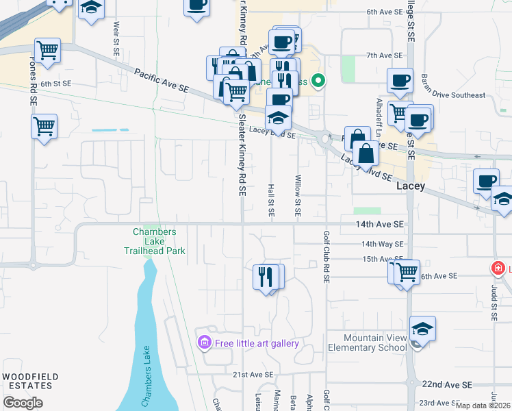 map of restaurants, bars, coffee shops, grocery stores, and more near 1315 Hall Street Southeast in Olympia