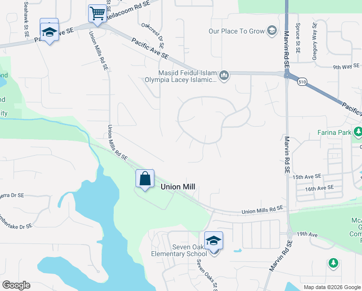 map of restaurants, bars, coffee shops, grocery stores, and more near 1315 Starlite Court Southeast in Olympia