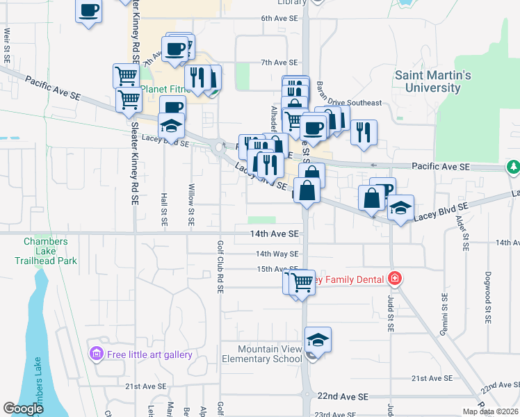 map of restaurants, bars, coffee shops, grocery stores, and more near 4521 13th Avenue Southeast in Lacey