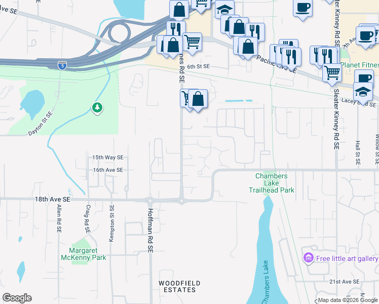 map of restaurants, bars, coffee shops, grocery stores, and more near 1420 Fones Road Southeast in Olympia