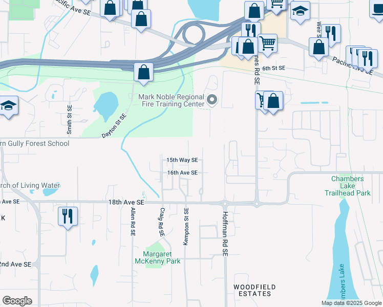 map of restaurants, bars, coffee shops, grocery stores, and more near 1517 Onyx Street Southeast in Olympia