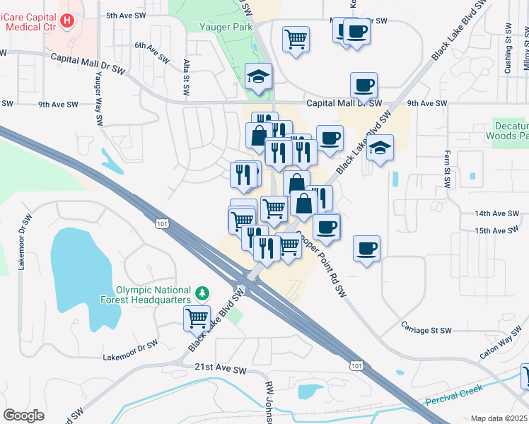map of restaurants, bars, coffee shops, grocery stores, and more near 1309 Cooper Point Road Southwest in Olympia