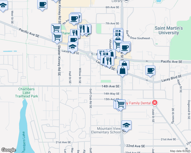 map of restaurants, bars, coffee shops, grocery stores, and more near 1312 Golf Club Road Southeast in Lacey