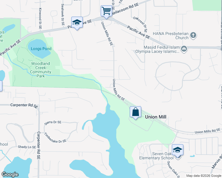 map of restaurants, bars, coffee shops, grocery stores, and more near 1329 Union Mills Rd SE in Olympia