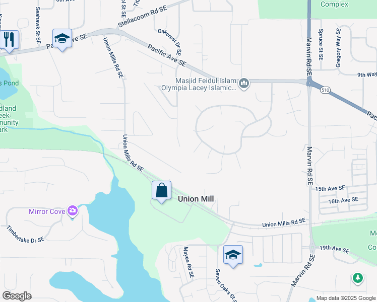 map of restaurants, bars, coffee shops, grocery stores, and more near 1319 Starlite Court Southeast in Olympia