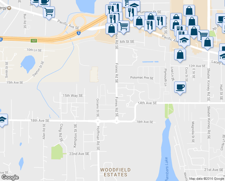 map of restaurants, bars, coffee shops, grocery stores, and more near 1411 Fones Road Southeast in Olympia