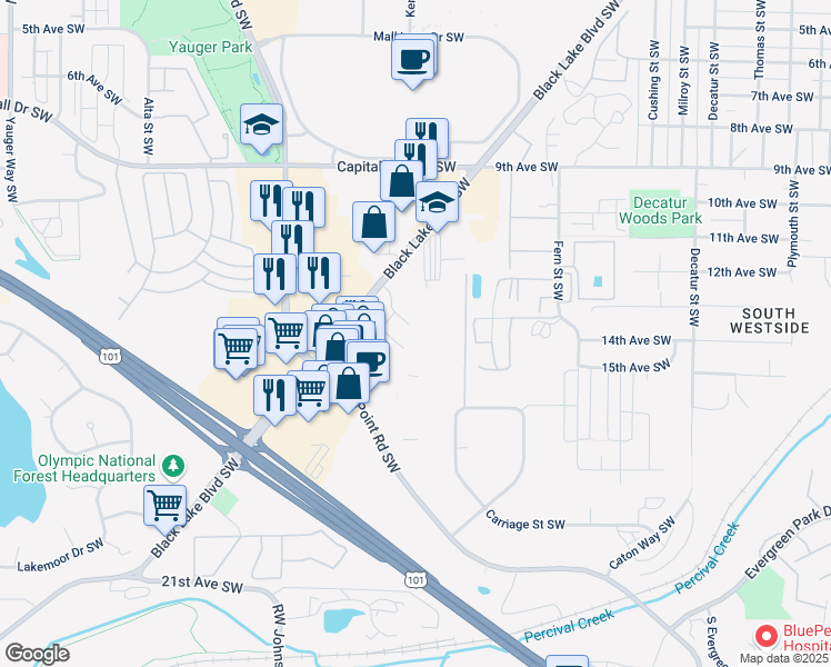 map of restaurants, bars, coffee shops, grocery stores, and more near 2604 12th Ct SW in Olympia