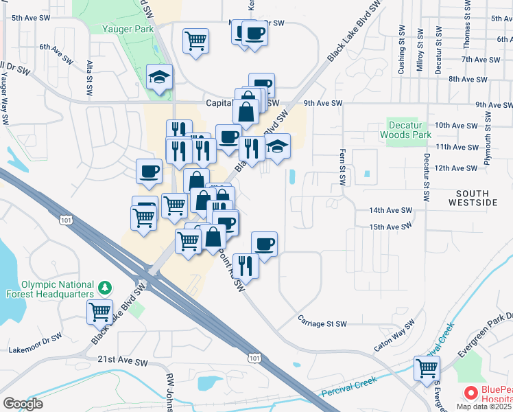 map of restaurants, bars, coffee shops, grocery stores, and more near 2604 12th Court Southwest in Olympia