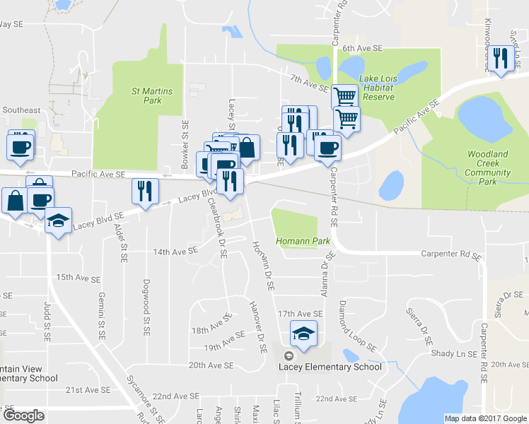 map of restaurants, bars, coffee shops, grocery stores, and more near 6010 Glen Mary Drive Southeast in Lacey