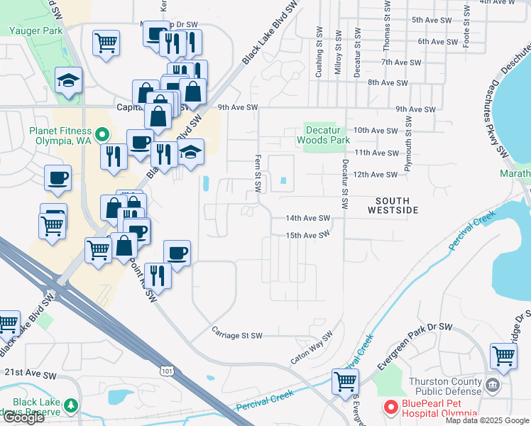 map of restaurants, bars, coffee shops, grocery stores, and more near 1347 Fern Street Southwest in Olympia