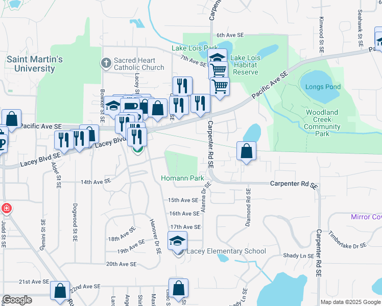 map of restaurants, bars, coffee shops, grocery stores, and more near 6119 Glen Mary Lane Southeast in Lacey