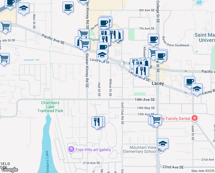 map of restaurants, bars, coffee shops, grocery stores, and more near 1253 Willow Street Southeast in Lacey