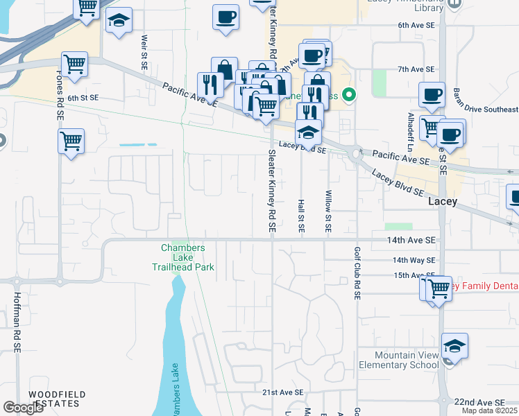 map of restaurants, bars, coffee shops, grocery stores, and more near 1304 Boone Street Southeast in Lacey