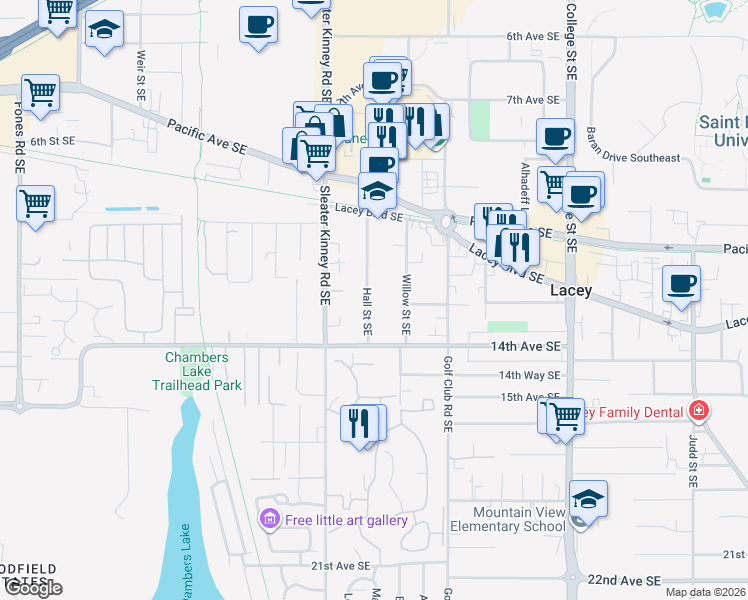 map of restaurants, bars, coffee shops, grocery stores, and more near 1303 Hall Street Southeast in Lacey