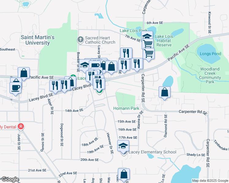 map of restaurants, bars, coffee shops, grocery stores, and more near 6010 Glen Mary Drive Southeast in Lacey