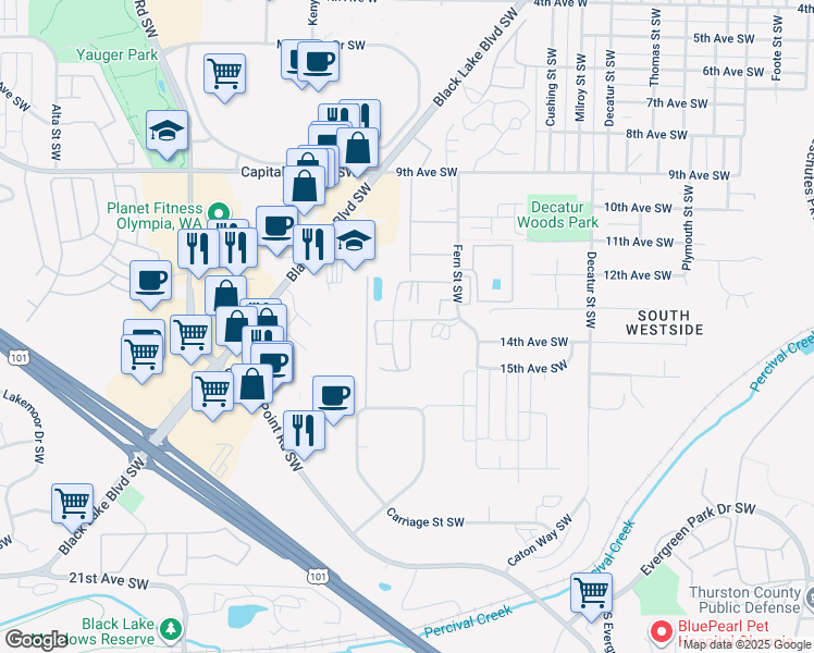 map of restaurants, bars, coffee shops, grocery stores, and more near 1309 Fern Street Southwest in Olympia
