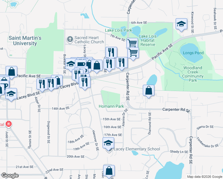 map of restaurants, bars, coffee shops, grocery stores, and more near 6115 Glen Mary Lane Southeast in Lacey