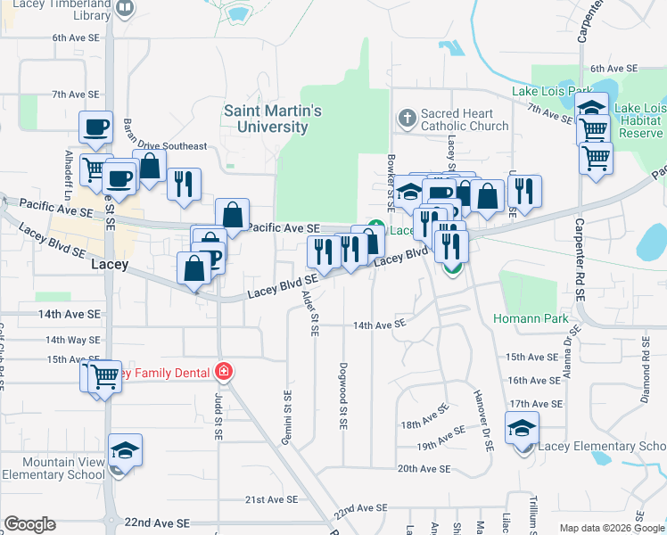 map of restaurants, bars, coffee shops, grocery stores, and more near 5212 Lacey Boulevard Southeast in Lacey
