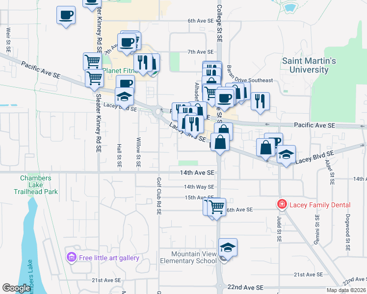 map of restaurants, bars, coffee shops, grocery stores, and more near 4521 13th Avenue Southeast in Lacey