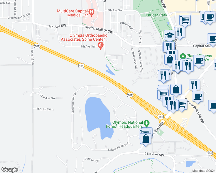 map of restaurants, bars, coffee shops, grocery stores, and more near 2249 Lakemoor Drive Southwest in Olympia