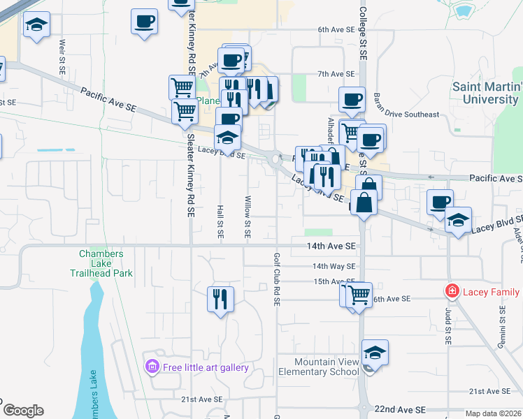 map of restaurants, bars, coffee shops, grocery stores, and more near 4308 13th Avenue Southeast in Lacey