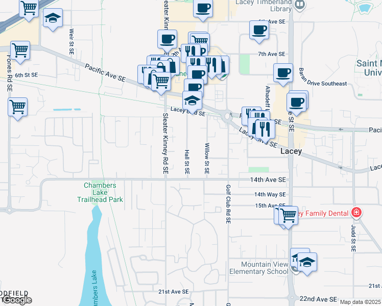 map of restaurants, bars, coffee shops, grocery stores, and more near 1303 Hall Street Southeast in Lacey