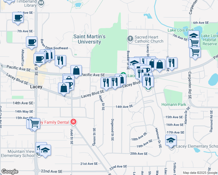 map of restaurants, bars, coffee shops, grocery stores, and more near 5219 Lacey Boulevard Southeast in Olympia