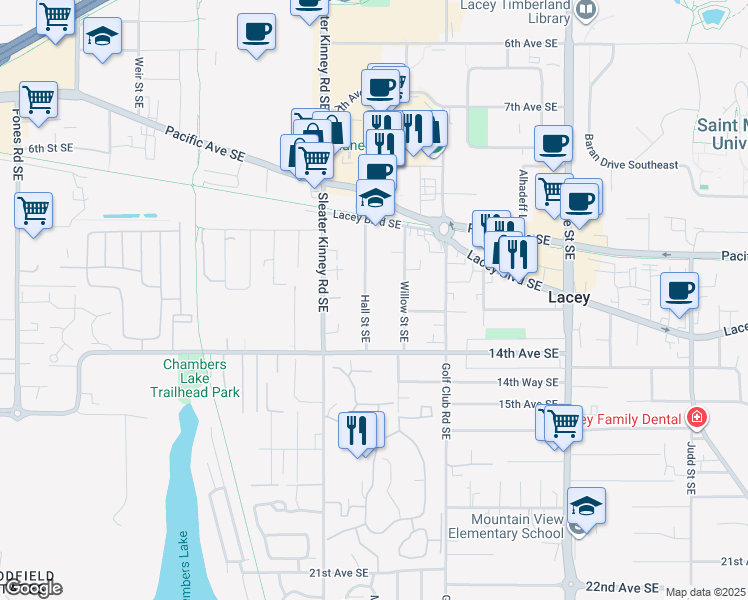 map of restaurants, bars, coffee shops, grocery stores, and more near 1303 Hall Street Southeast in Lacey