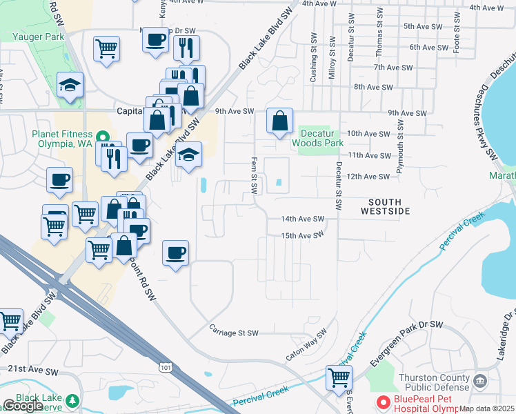 map of restaurants, bars, coffee shops, grocery stores, and more near 1347 Fern Street Southwest in Olympia