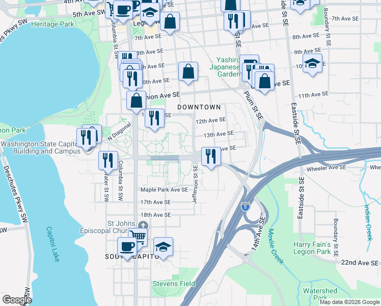 map of restaurants, bars, coffee shops, grocery stores, and more near 504 14th Ave SE in Olympia