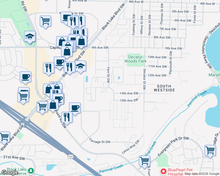 map of restaurants, bars, coffee shops, grocery stores, and more near 1347 Fern Street Southwest in Olympia