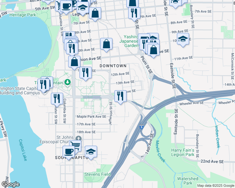 map of restaurants, bars, coffee shops, grocery stores, and more near 500 14th Ave SE in Olympia