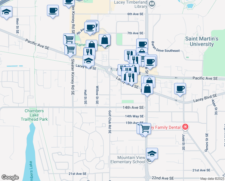map of restaurants, bars, coffee shops, grocery stores, and more near 1312 Golf Club Road Southeast in Lacey