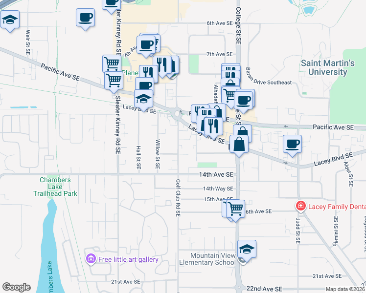 map of restaurants, bars, coffee shops, grocery stores, and more near 1312 Golf Club Road Southeast in Lacey