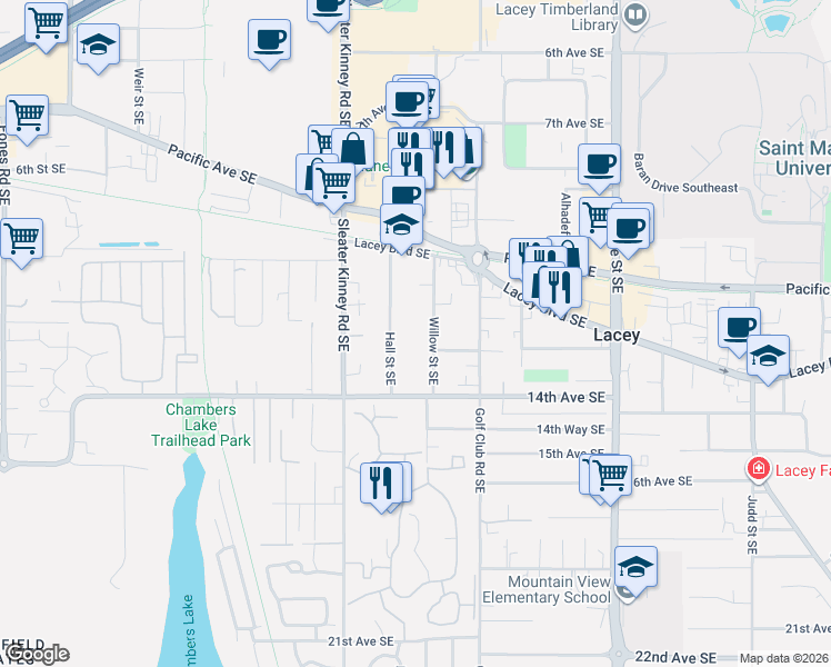 map of restaurants, bars, coffee shops, grocery stores, and more near 1253 Willow Street Southeast in Lacey