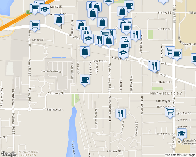 map of restaurants, bars, coffee shops, grocery stores, and more near 1304 Boone Street Southeast in Lacey