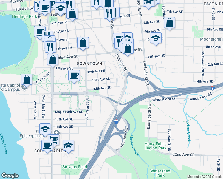 map of restaurants, bars, coffee shops, grocery stores, and more near 714 15th Avenue Southeast in Olympia