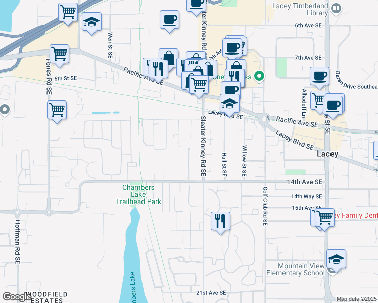 map of restaurants, bars, coffee shops, grocery stores, and more near 1304 Boone Street Southeast in Lacey