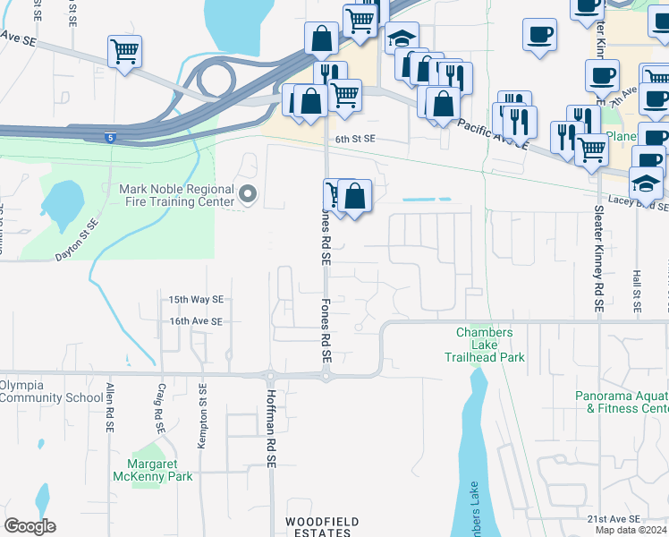 map of restaurants, bars, coffee shops, grocery stores, and more near 1411 Fones Road Southeast in Olympia