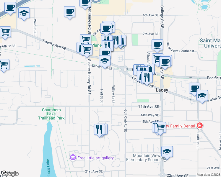 map of restaurants, bars, coffee shops, grocery stores, and more near 1253 Willow Street Southeast in Lacey